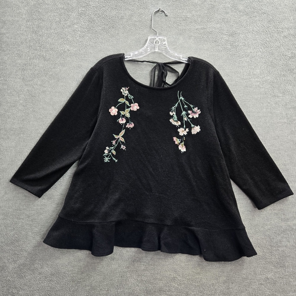 LC Lauren Conrad Women Sweater XL Black Floral Embroidered Peplum Beaded